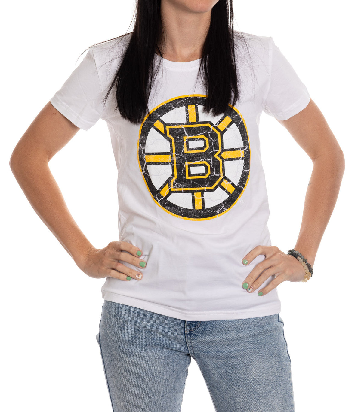 Boston Bruins Women's Distressed Print Fitted Crew Neck Premium T-Shirt - White