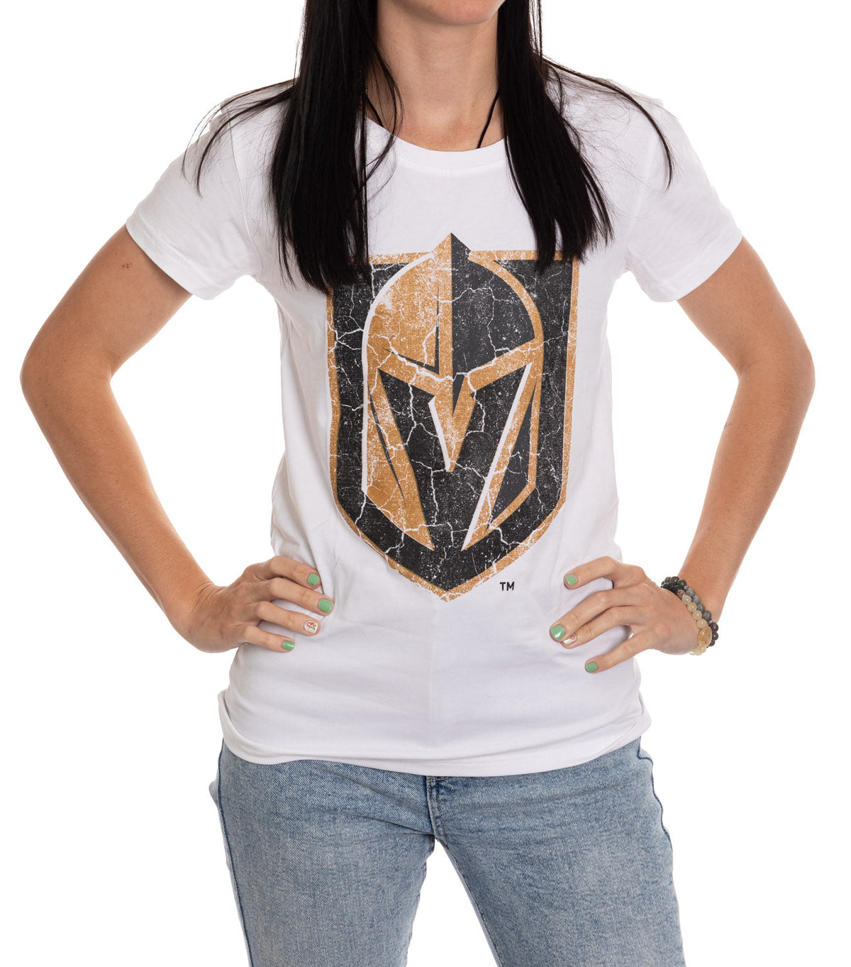 Vegas Golden Knights Women's Distressed Print Fitted Crew Neck Premium T-Shirt - White