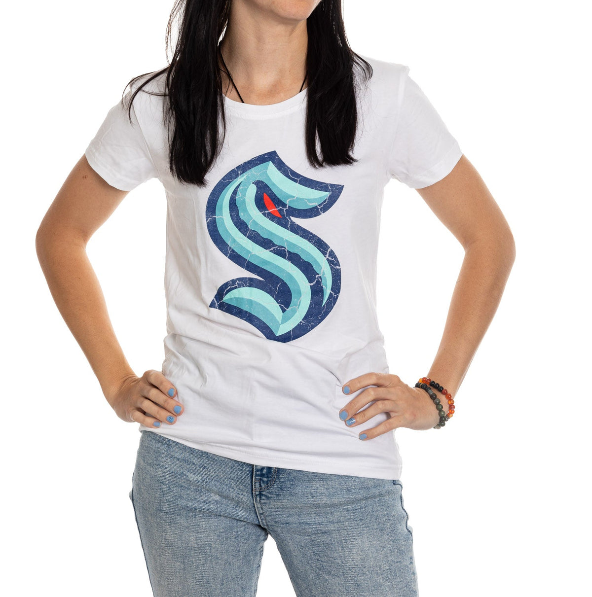 Seattle Kraken Women's Distressed Print Fitted Crew Neck Premium T-Shirt - White