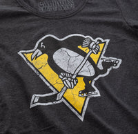 Load image into Gallery viewer, Pittsburgh Penguins Women&#39;s Distressed Print Fitted Crew Neck Premium T-Shirt - Black
