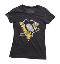 Load image into Gallery viewer, Pittsburgh Penguins Women&#39;s Distressed Print Fitted Crew Neck Premium T-Shirt - Black
