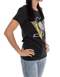 Load image into Gallery viewer, Pittsburgh Penguins Women&#39;s Distressed Print Fitted Crew Neck Premium T-Shirt - Black

