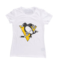 Load image into Gallery viewer, Pittsburgh Penguins Women&#39;s Distressed Print Fitted Crew Neck Premium T-Shirt - White
