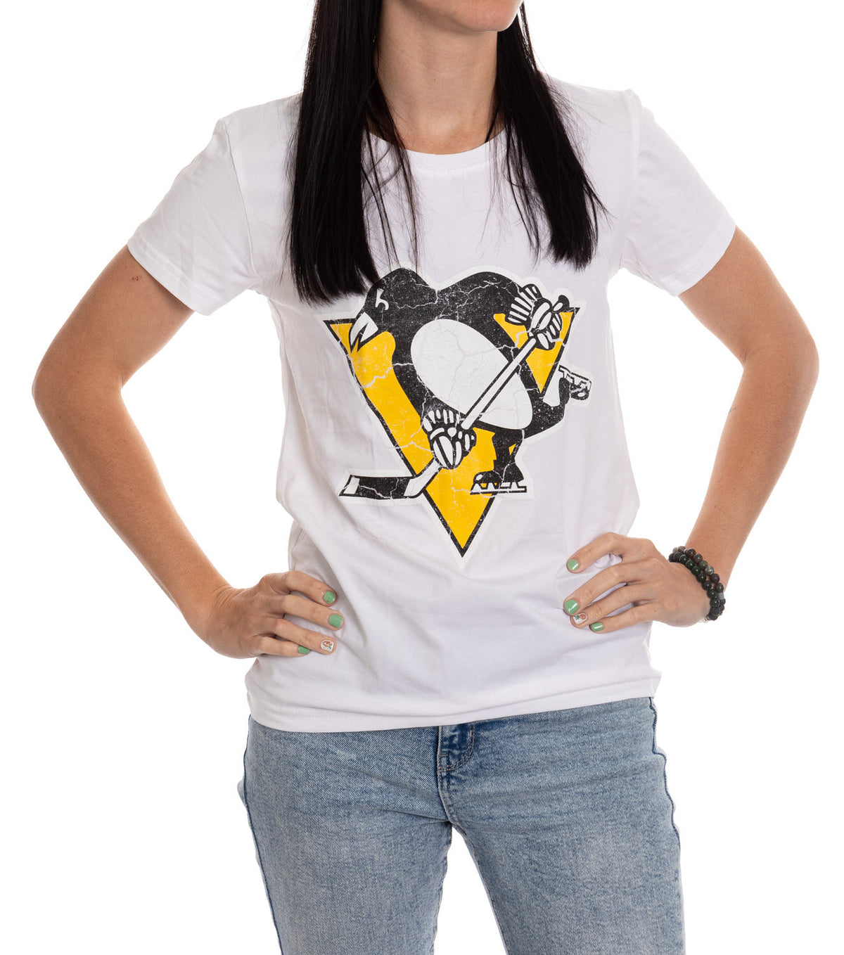 Pittsburgh Penguins Women's Distressed Print Fitted Crew Neck Premium T-Shirt - White