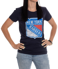 Load image into Gallery viewer, New York Rangers Women&#39;s Distressed Print Fitted Crew Neck Premium T-Shirt - Navy
