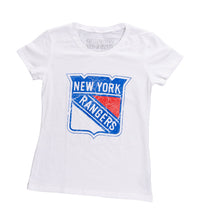 Load image into Gallery viewer, New York Rangers Women&#39;s Distressed Print Fitted Crew Neck Premium T-Shirt - White
