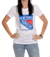 Load image into Gallery viewer, New York Rangers Women&#39;s Distressed Print Fitted Crew Neck Premium T-Shirt - White

