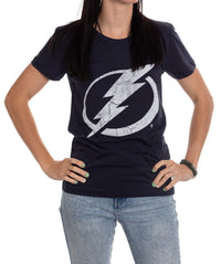 Load image into Gallery viewer, Tampa Bay Lightning Women&#39;s Distressed Print Fitted Crew Neck Premium T-Shirt - Navy
