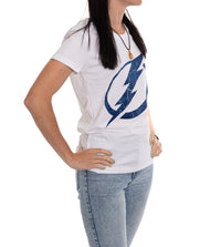 Load image into Gallery viewer, Tampa Bay Lightning Women&#39;s Distressed Print Fitted Crew Neck Premium T-Shirt - White
