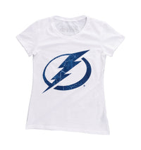 Load image into Gallery viewer, Tampa Bay Lightning Women&#39;s Distressed Print Fitted Crew Neck Premium T-Shirt - White

