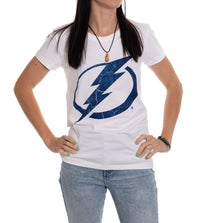 Load image into Gallery viewer, Tampa Bay Lightning Women&#39;s Distressed Print Fitted Crew Neck Premium T-Shirt - White
