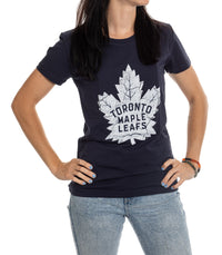 Load image into Gallery viewer, Toronto Maple Leafs Women&#39;s Distressed Print Fitted Crew Neck Premium T-Shirt - Navy
