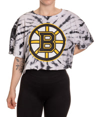 Load image into Gallery viewer, Boston Bruins Spiral Tie Dye Crop Top Front View
