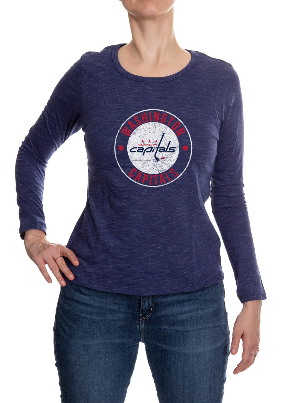 Washington Capitals Distressed Logo Long Sleeve Shirt for Women in Blue Front View