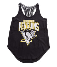 Load image into Gallery viewer, Pittsburgh Penguins Ladies &quot;Distressed&quot; Lace Flowy Tank Top
