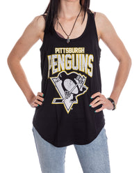 Load image into Gallery viewer, Pittsburgh Penguins Ladies &quot;Distressed&quot; Lace Flowy Tank Top
