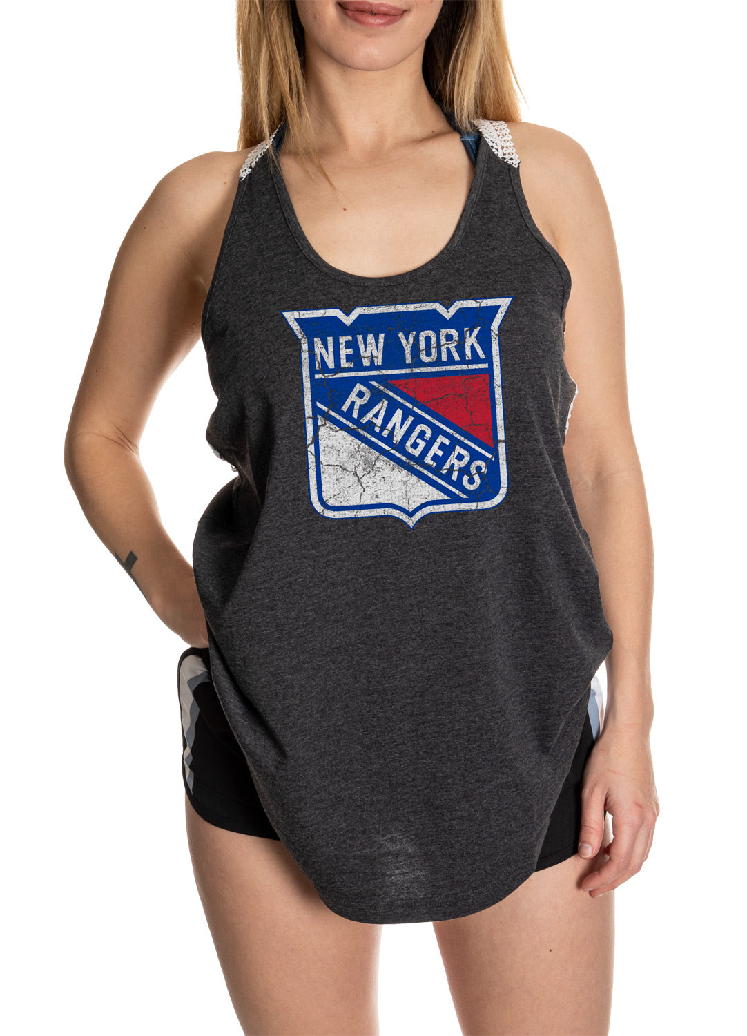 New York Rangers Ladies Flowy Racerback Crochet Lace Tank Top