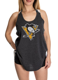 Load image into Gallery viewer, Pittsburgh Penguins Ladies Flowy Racerback Crochet Lace Tank Top
