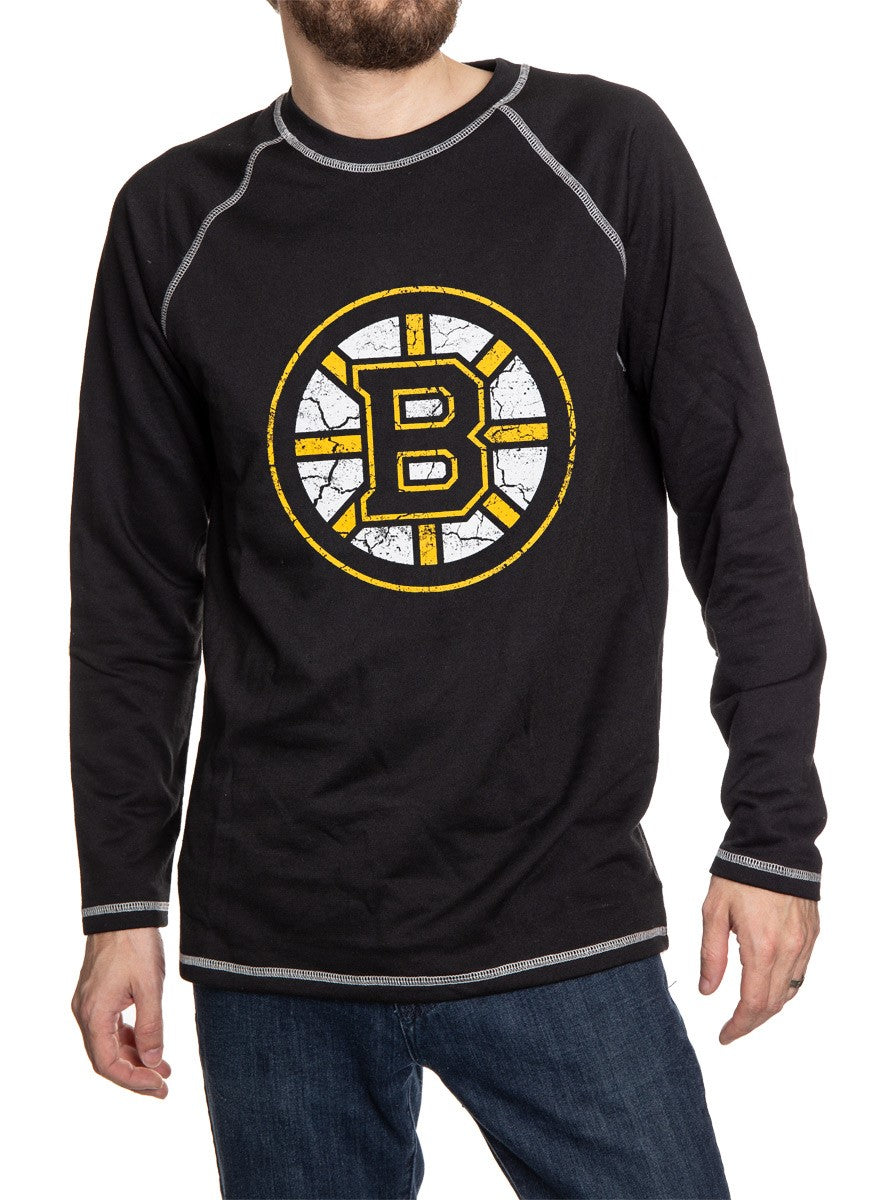 Boston Bruins Distressed Logo Midweight Crewneck in Black Front View