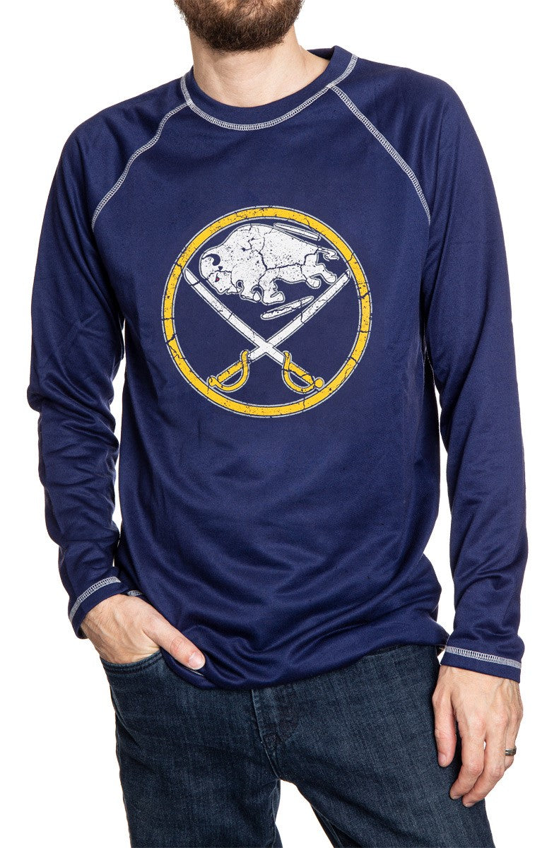 Buffalo Sabres Distressed Logo Midweight Crewneck in Blue Front View