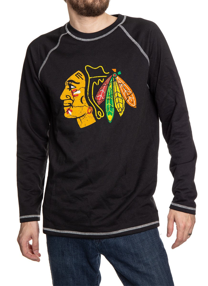 Chicago Blackhawks Distressed Logo Midweight Crewneck in Black Front View