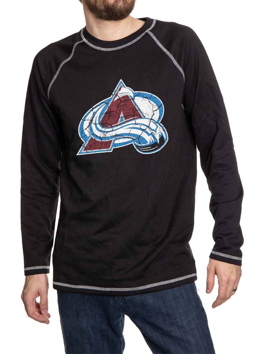 Colorado Avalanche Distressed Logo Midweight Crewneck in Black Front View