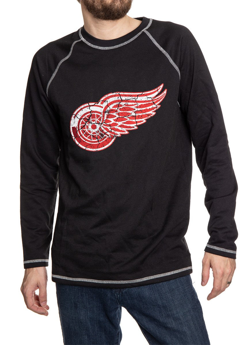 Detroit Red Wings Distressed Logo Midweight Crewneck in Black Front View