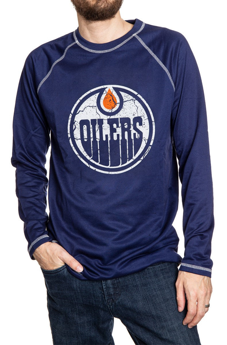 Edmonton Oilers Distressed Logo Midweight Crewneck in Blue Front View