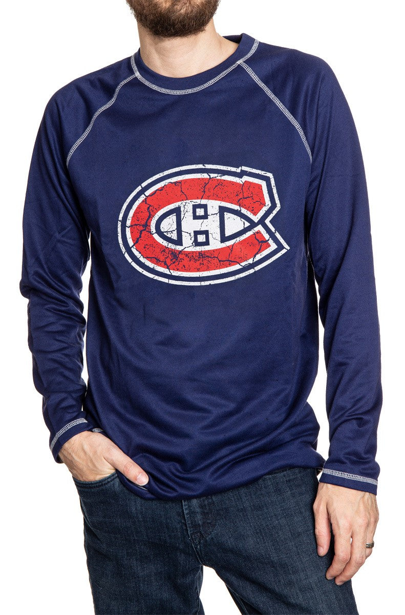 Montreal Canadiens Distressed Logo Midweight Crewneck in Blue Front View