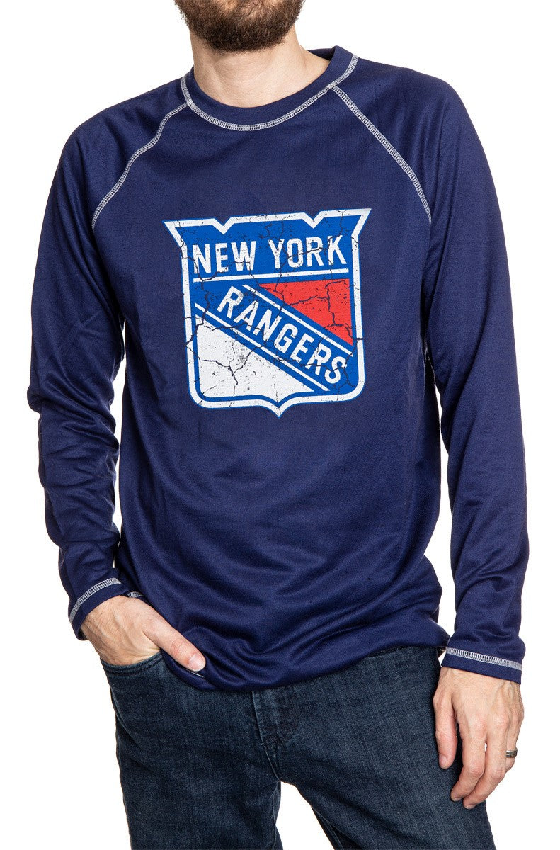 New York Rangers Distressed Logo Midweight Crewneck in Blue Front View