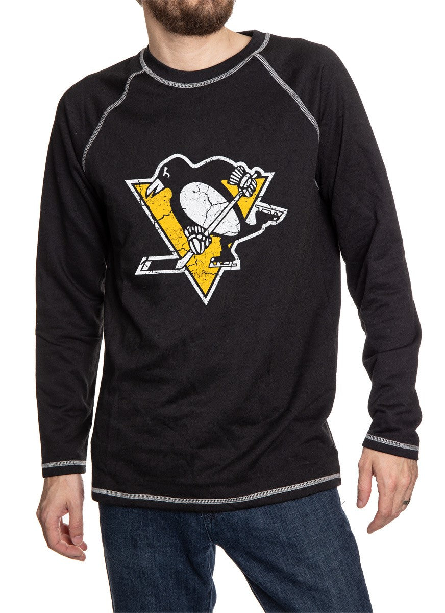 Pittsburgh Penguins Distressed Logo Midweight Crewneck in Black Front View