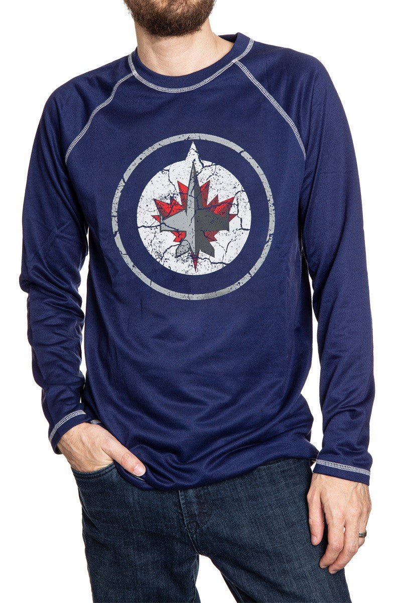 Winnipeg Jets Distressed Logo Midweight Crewneck in Blue Front View