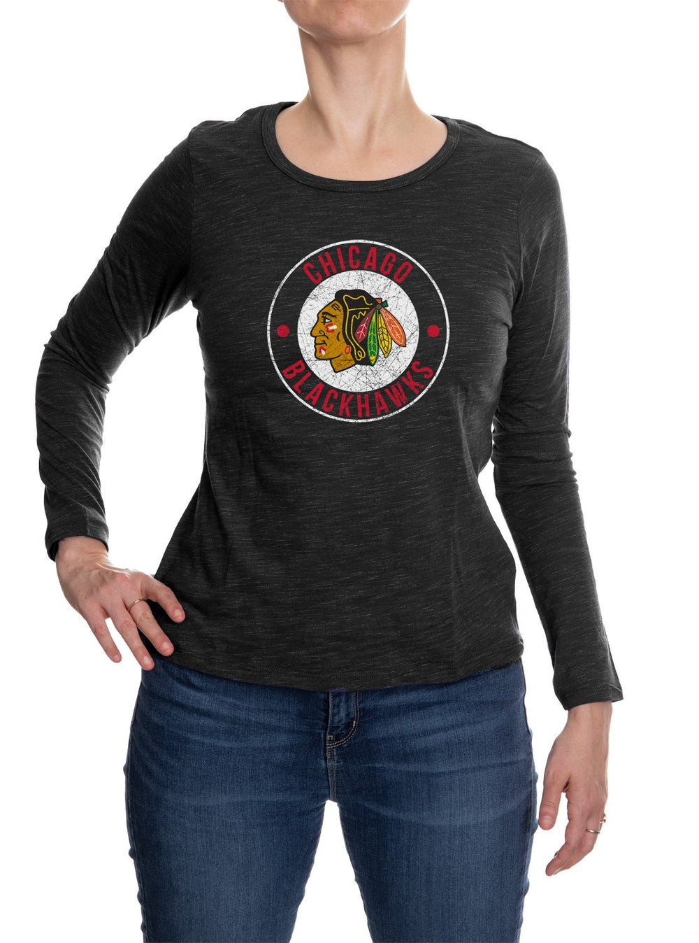 Chicago Blackhawks Distressed Logo Long Sleeve Shirt for Women in Black Front View