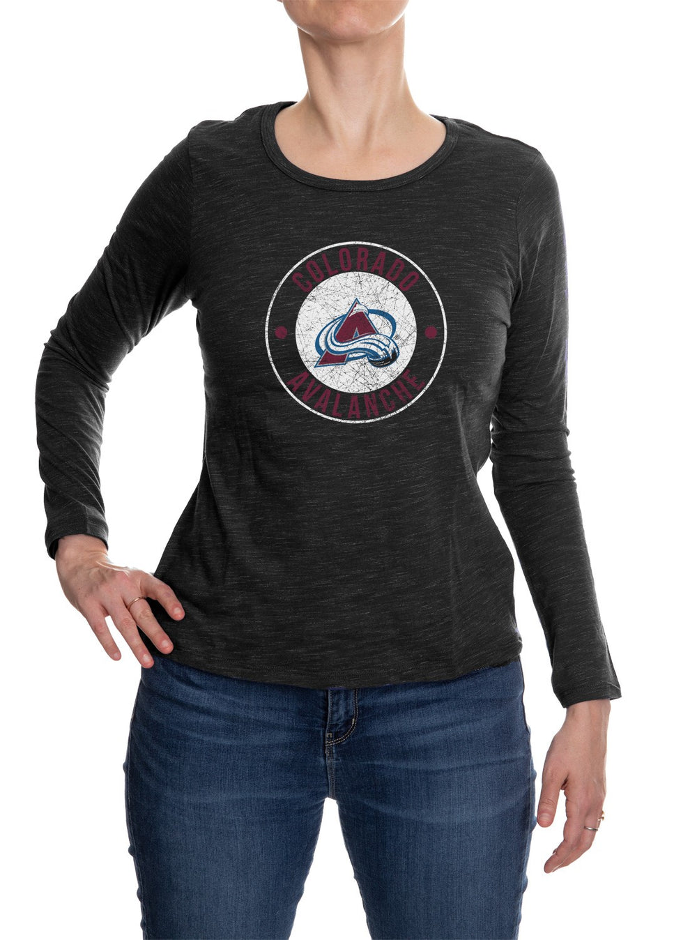 Colorado Avalanche Distressed Logo Long Sleeve Shirt for Women in Black Front View