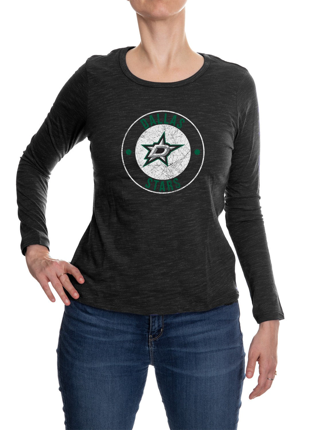 Dallas Stars Distressed Logo Long Sleeve Shirt for Women in Black Front View