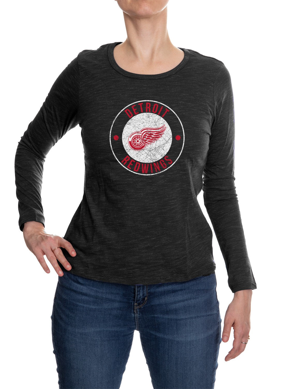 Detroit Red Wings Distressed Logo Long Sleeve Shirt for Women in Black Front View