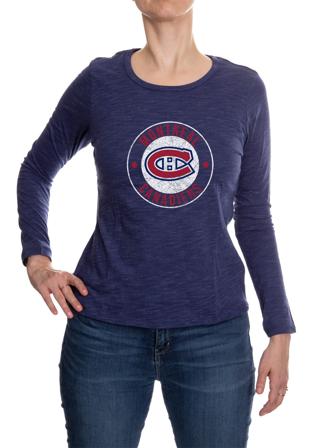 Montreal Canadiens Distressed Logo Long Sleeve Shirt for Women in Blue Front View
