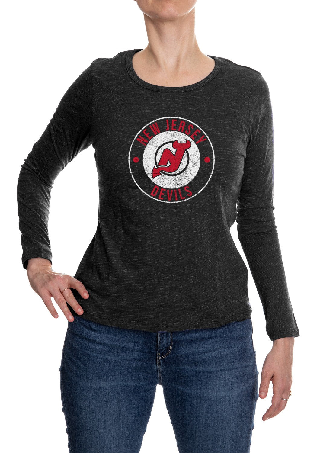 New Jersey Devils Distressed Logo Long Sleeve Shirt for Women in Black Front View