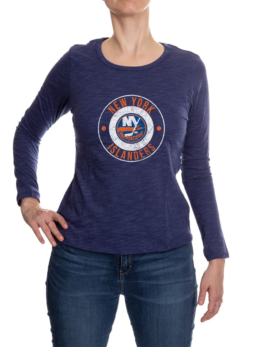 New York Islanders Distressed Logo Long Sleeve Shirt for Women in Blue Front View