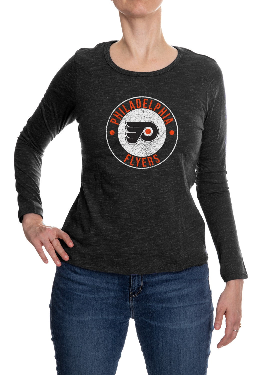 Philadelphia Flyers Distressed Logo Long Sleeve Shirt for Women in Black Front View