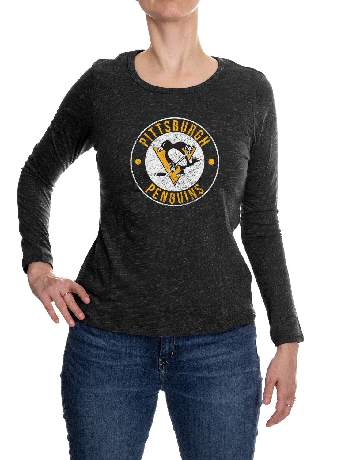 Pittsburgh Penguins Distressed Logo Long Sleeve Shirt for Women