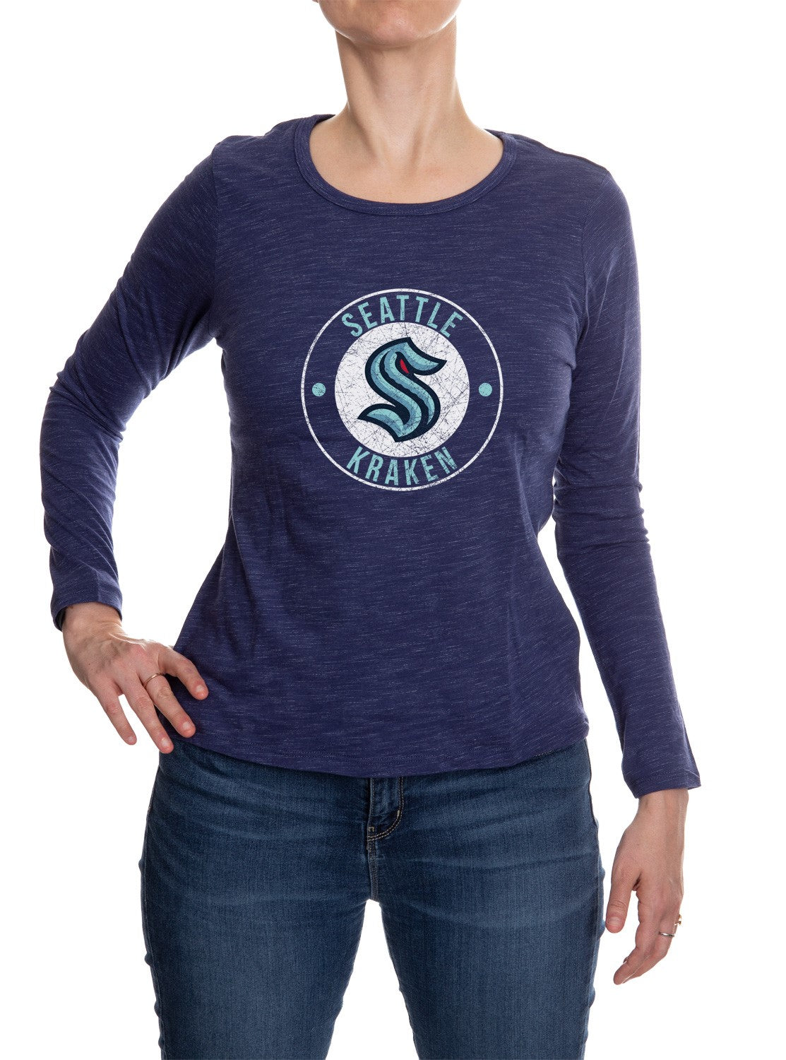 Seattle Kraken Distressed Logo Long Sleeve Shirt for Women in Blue Front View