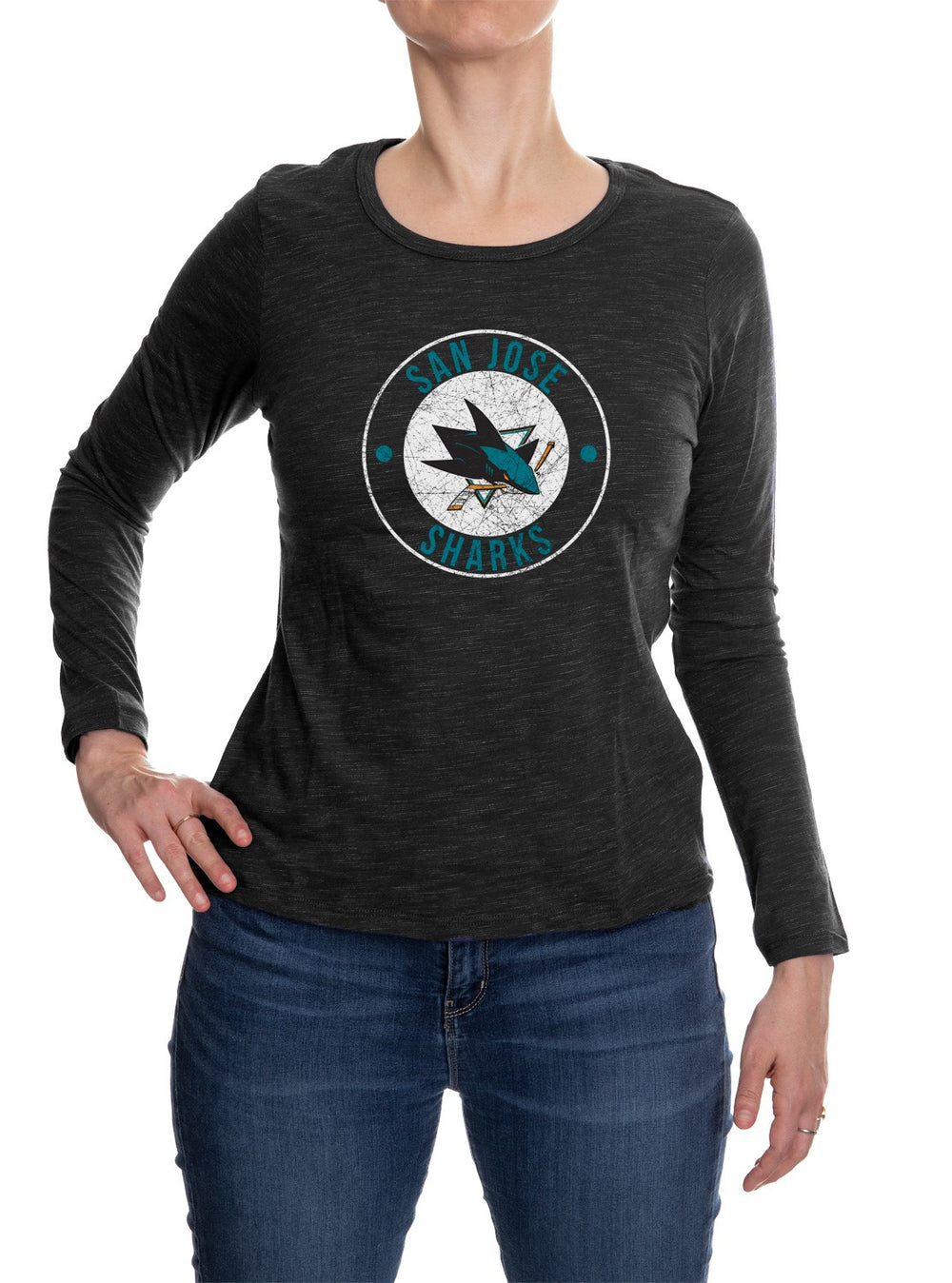 San Jose Sharks Distressed Logo Long Sleeve Shirt for Women in Black Front View