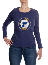 Load image into Gallery viewer, St. Louis Blues Distressed Logo Long Sleeve Shirt for Women in Blue Front VIew
