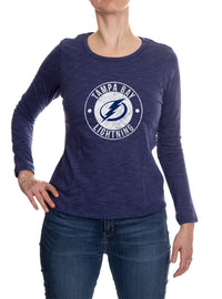 Load image into Gallery viewer, Tampa Bay Lightning Distressed Logo Long Sleeve Shirt for Women in Blue Front View
