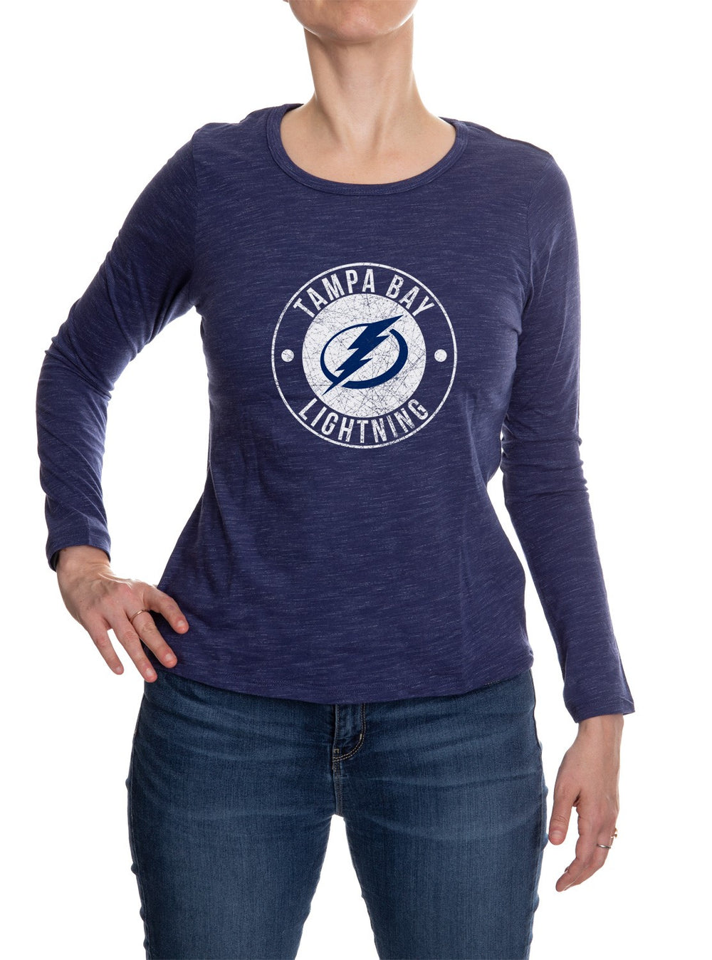 Tampa Bay Lightning Distressed Logo Long Sleeve Shirt for Women in Blue Front View