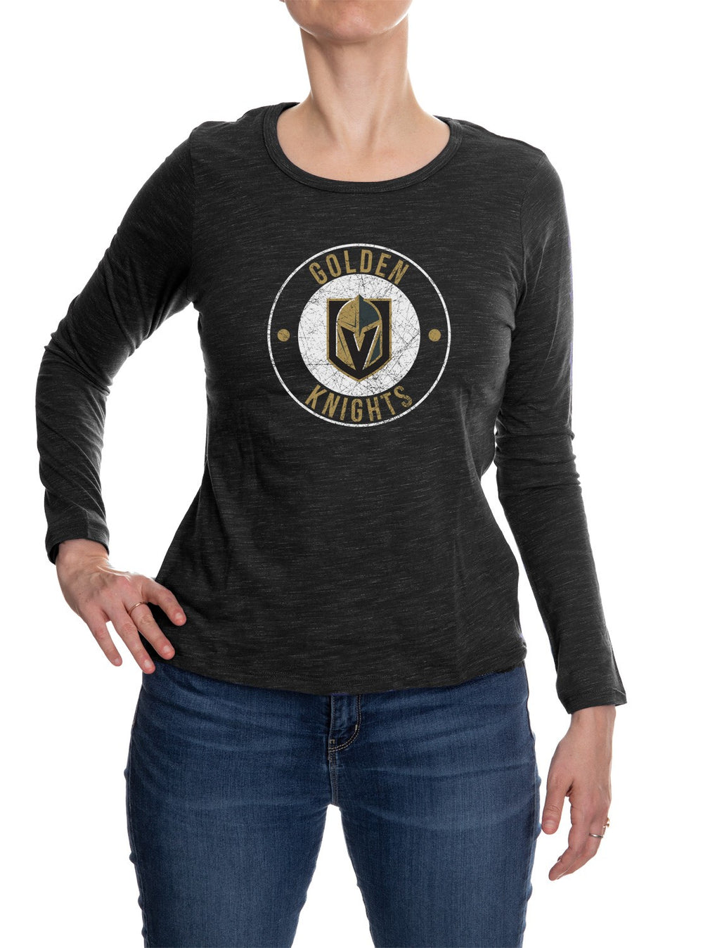 Vegas Golden Knights Distressed Logo Long Sleeve Shirt for Women in Black Front View