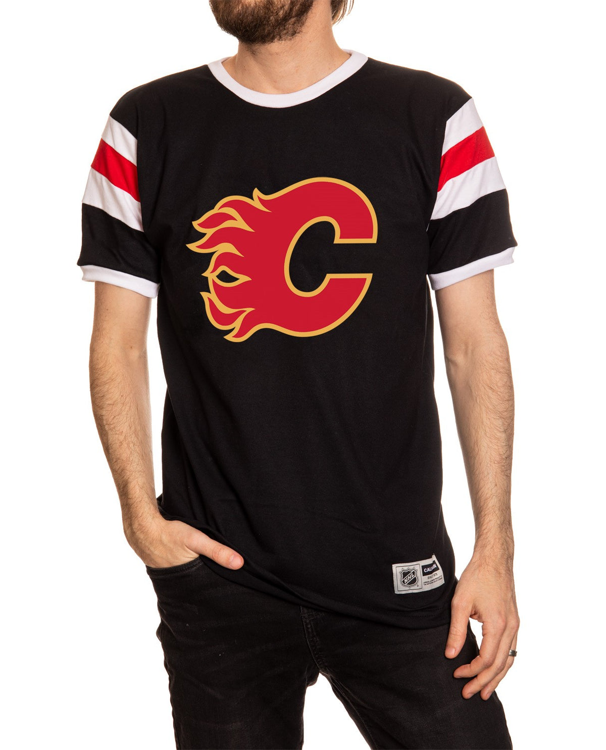 Calgary Flames Shoulder Stripe Varsity Inset T-Shirt