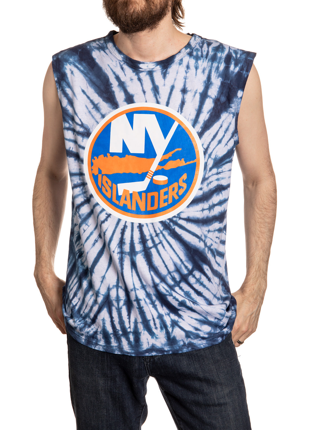 New York Islanders Spiral Tie Dye Sleeveless Shirt Front View