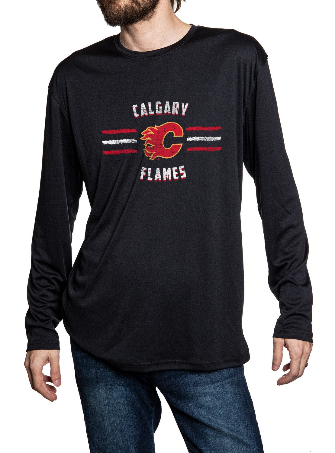 Calgary Flames Distressed Lines Long Sleeve Performance Rashguard Wicking Shirt